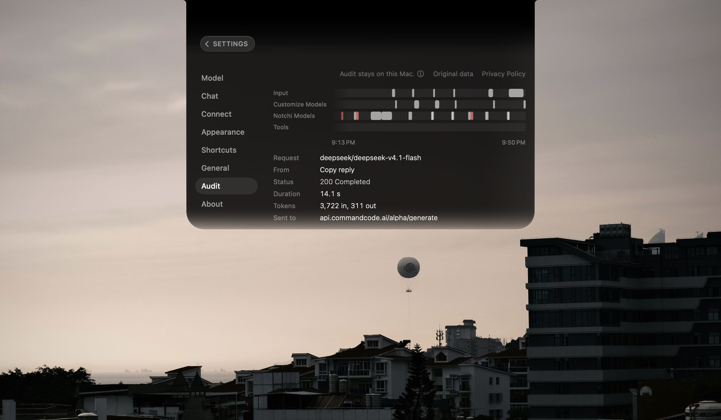 Settings → Audit, listing a request sent to the user’s own provider