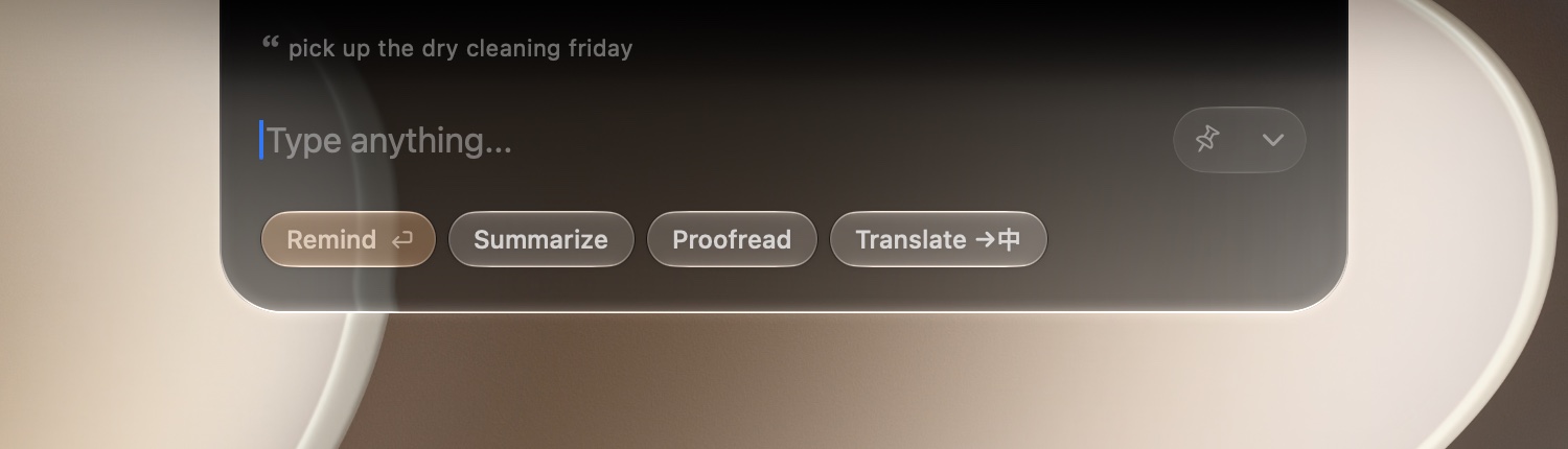 A copied line rides into the panel as a quote, with Remind, Summarize, Proofread and Translate presets