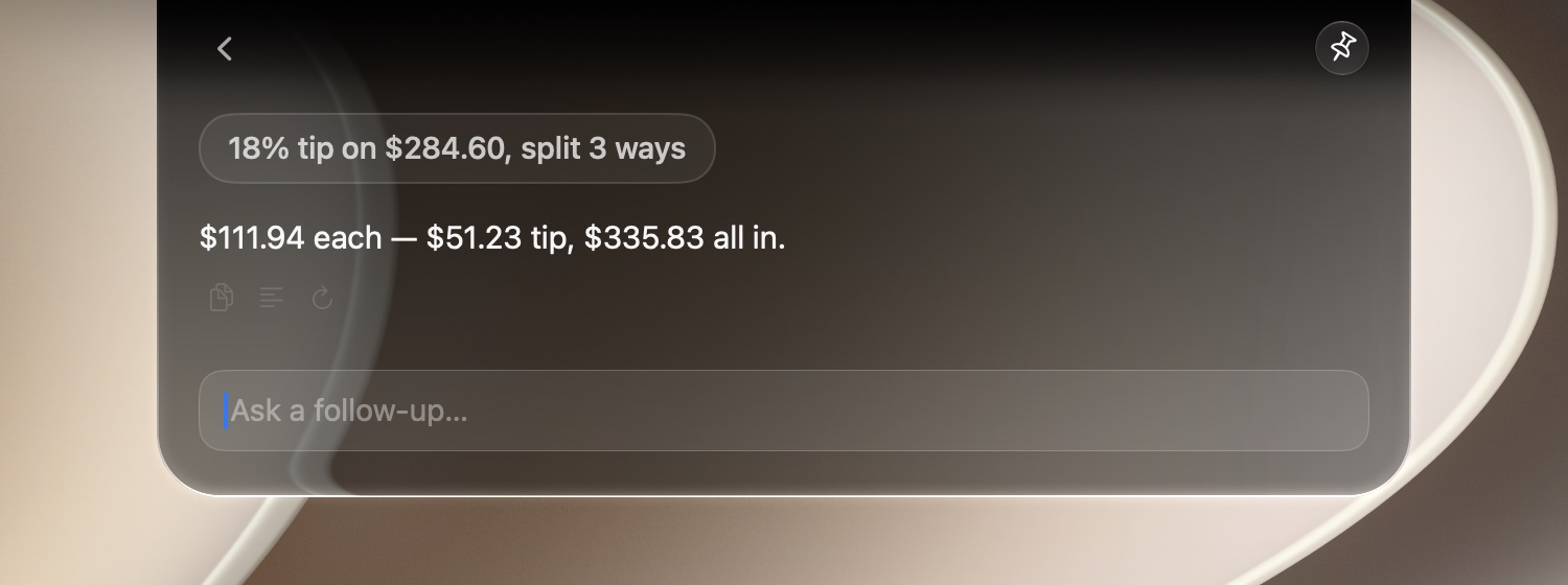 18% tip on $284.60 split 3 ways — $111.94 each, computed exactly