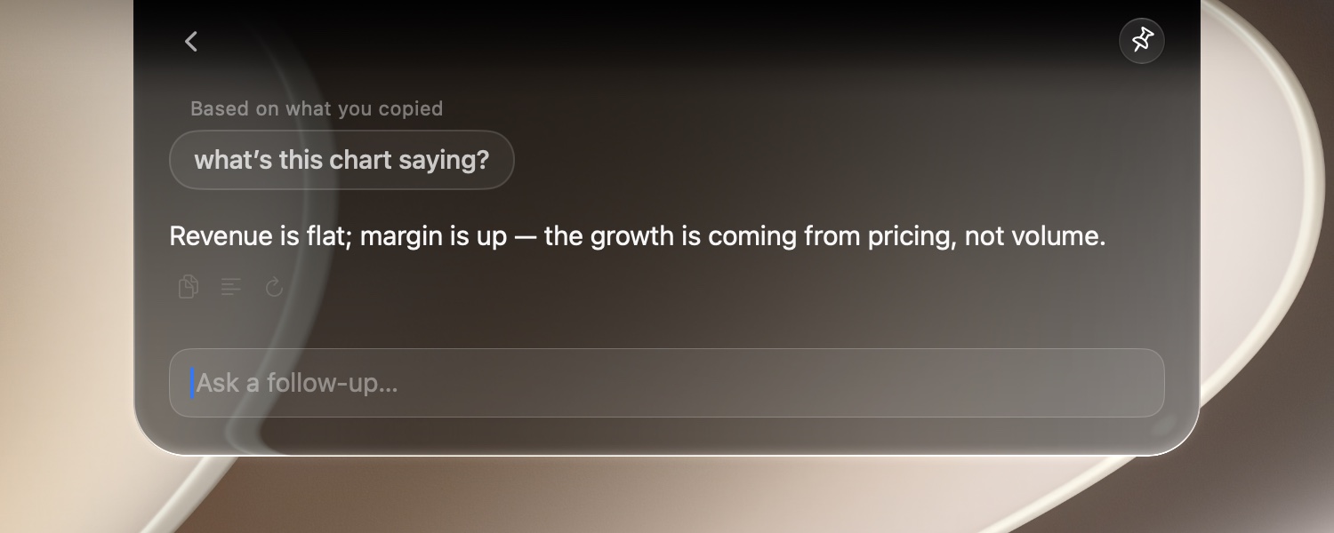 Asking about a copied chart — the panel notes it's based on what you copied