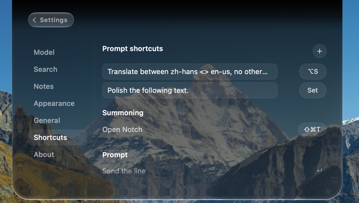 The Shortcuts pane in Settings